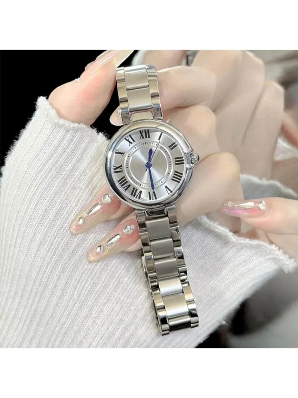 Women's Silver-White Classic Vintage Roman Numerals Dial Stainless Steel Watch